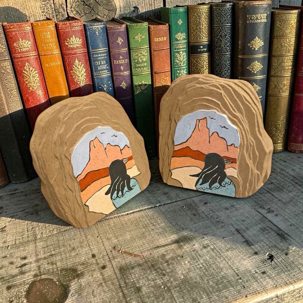 Vintage Ceramic Bookends SET Desert Sand Textured Landscape SOUTHWESTERN Style